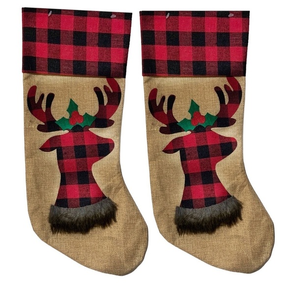 Christmas Stockings Reindeer Moose Holiday Buffalo Check Plaid 17 in 2 Piece Set - Picture 13 of 13